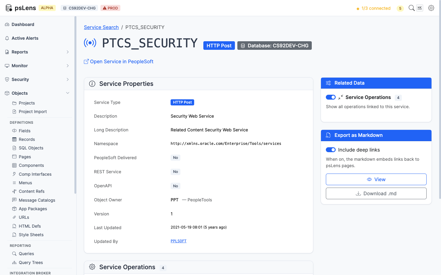 Service detail page with all panels expanded
