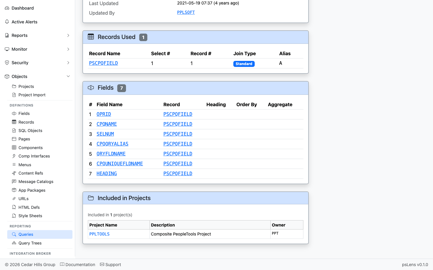 Fields panel for the query