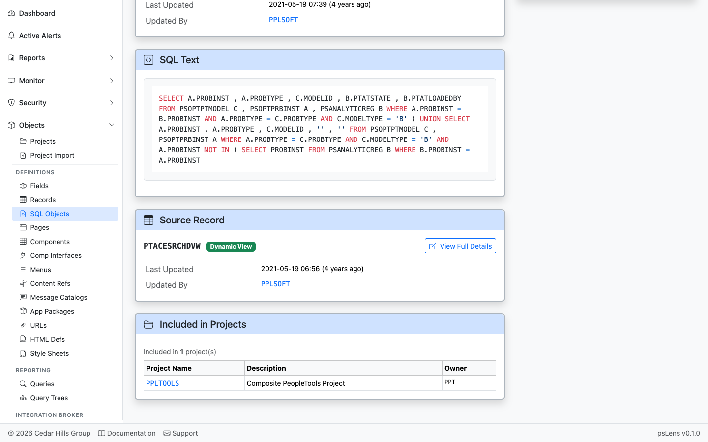 Included in Projects panel for the SQL object